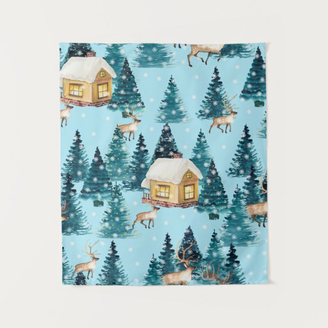 Seamless pattern with winter village in the forest tapestry (Front)