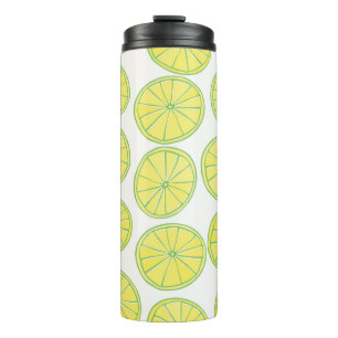 Seamless pattern with yellow lemon slices on white thermal tumbler