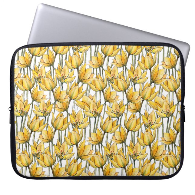 Seamless pattern with yellow tulips on a white bac laptop sleeve (Front)
