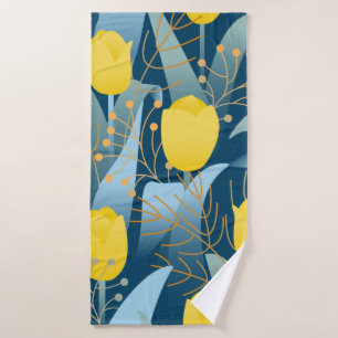Seamless pattern yellow tulips on dark blue backgr bath towel