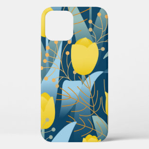 Seamless pattern yellow tulips on dark blue backgr iPhone 12 case