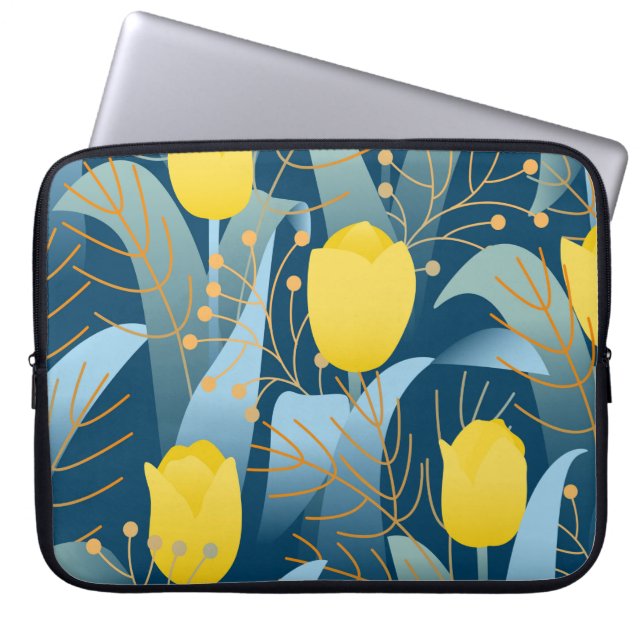 Seamless pattern yellow tulips on dark blue backgr laptop sleeve (Front)