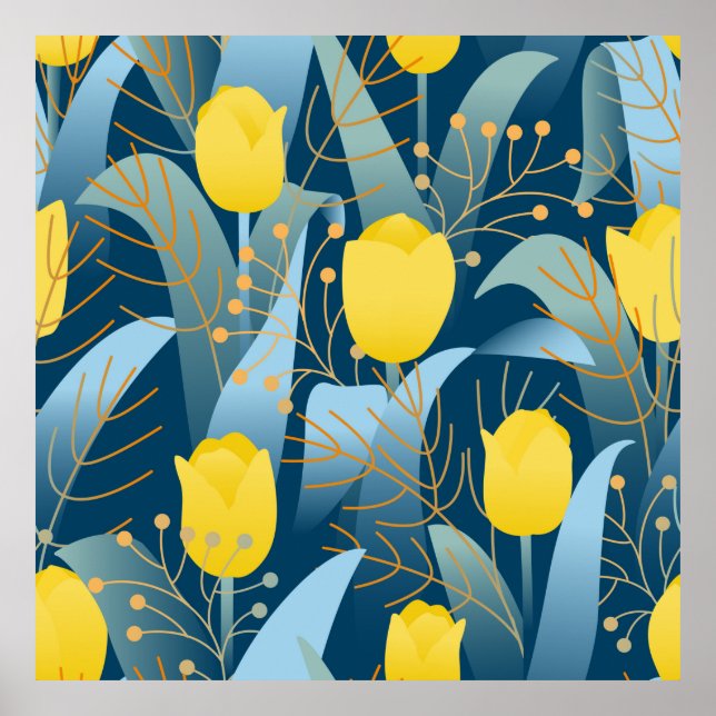 Seamless pattern yellow tulips on dark blue backgr poster (Front)