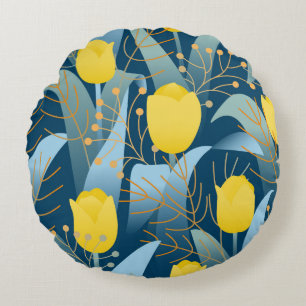 Seamless pattern yellow tulips on dark blue backgr round cushion