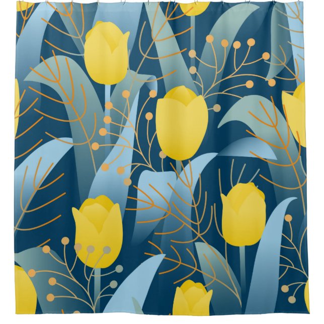 Seamless pattern yellow tulips on dark blue backgr shower curtain (Front)