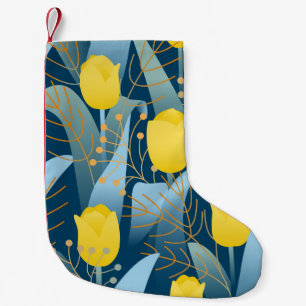 Seamless pattern yellow tulips on dark blue backgr small christmas stocking