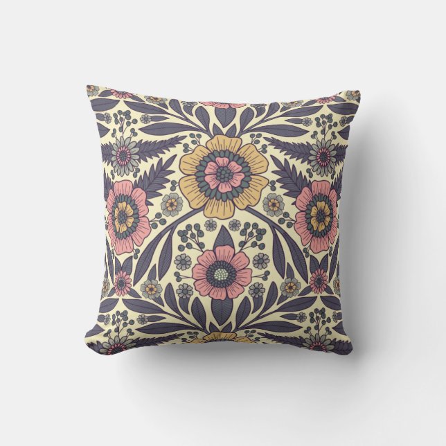 Seamless Pink & Blue Floral Pattern Cushion (Front)