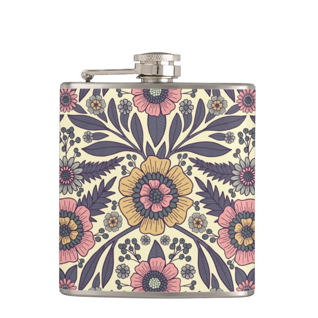 Seamless Pink & Blue Floral Pattern Hip Flask (Front)
