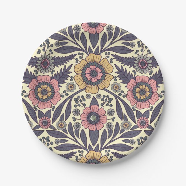 Seamless Pink & Blue Floral Pattern Paper Plate (Front)