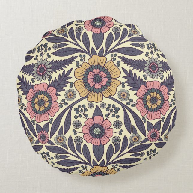 Seamless Pink & Blue Floral Pattern Round Cushion (Back)