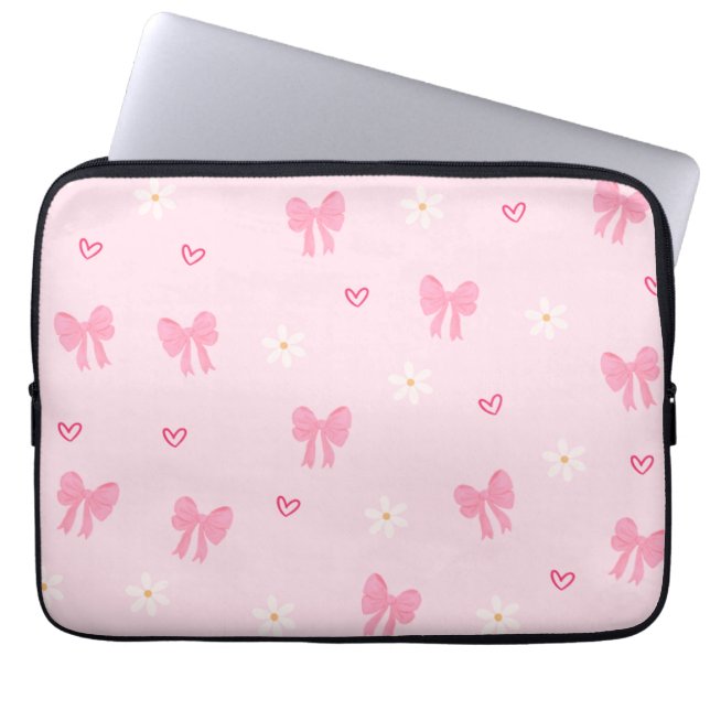 Seamless Pink Bow and Floral Pattern – Cute Girly  Laptop Sleeve (Front)