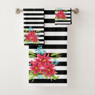 Seamless pink flowers floral black white striped l bath towel set