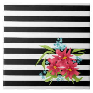Seamless pink flowers floral black white striped l ceramic tile