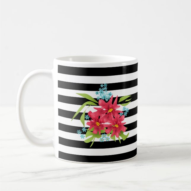 Seamless pink flowers floral black white striped l coffee mug (Left)