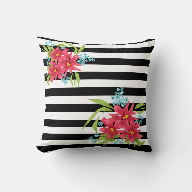 Seamless pink flowers floral black white striped l cushion (Front)