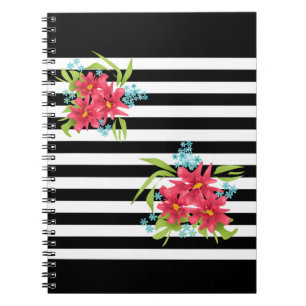 Seamless pink flowers floral black white striped l notebook
