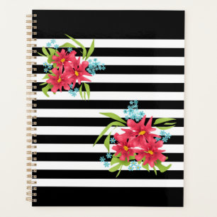 Seamless pink flowers floral black white striped l planner