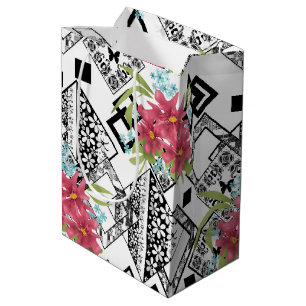 Seamless pink flowers floral ornamental black whit medium gift bag