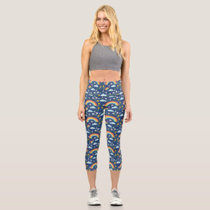 Seamless Rainbow, Flowers, and Clouds Pattern Capri Leggings
