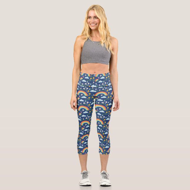 Seamless Rainbow, Flowers, and Clouds Pattern Capri Leggings (Front)