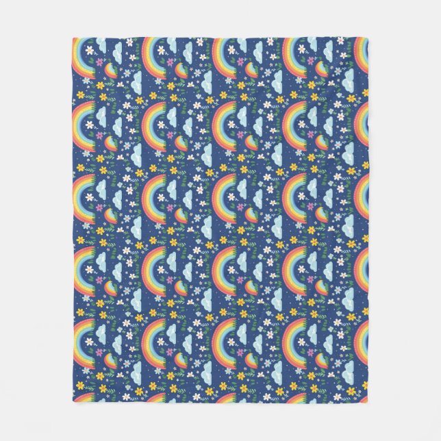 Seamless Rainbow, Flowers, and Clouds Pattern Fleece Blanket (Front)