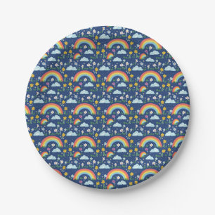 Seamless Rainbow, Flowers, and Clouds Pattern Paper Plate