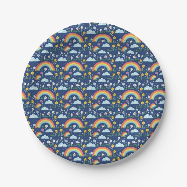 Seamless Rainbow, Flowers, and Clouds Pattern Paper Plate (Front)