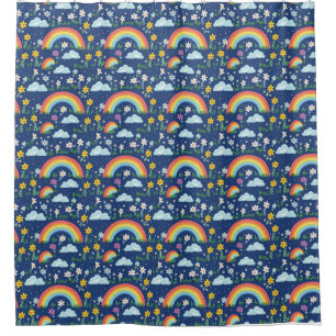 Seamless Rainbow, Flowers, and Clouds Pattern Shower Curtain