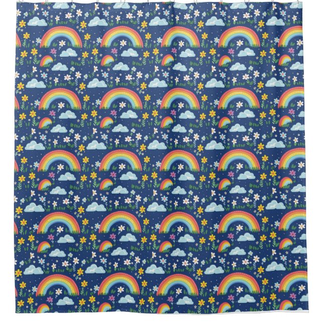 Seamless Rainbow, Flowers, and Clouds Pattern Shower Curtain (Front)