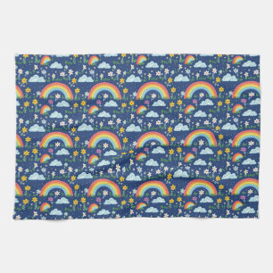 Seamless Rainbow, Flowers, and Clouds Pattern Tea Towel