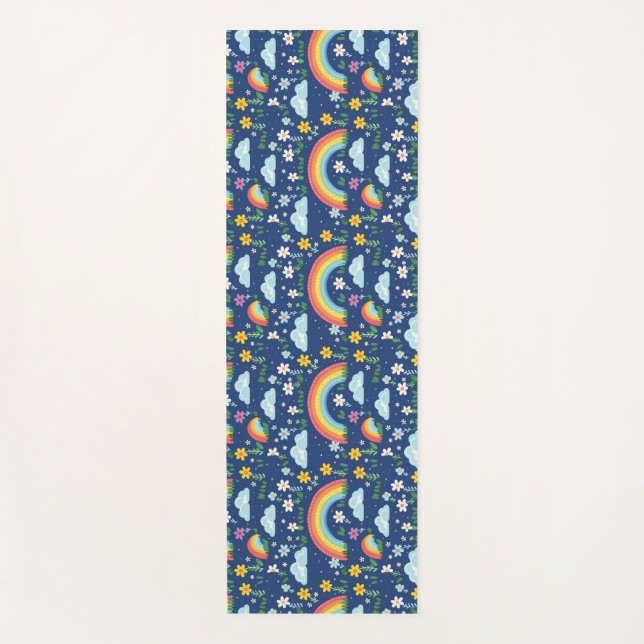 Seamless Rainbow, Flowers, and Clouds Pattern Yoga Mat (Front)