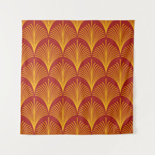 Seamless red and gold vintage art deco peacock fis tapestry