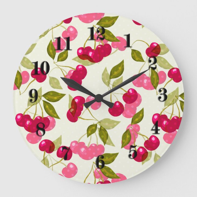 Seamless red cartoon cherry berry cute pattern whi large clock (Front)