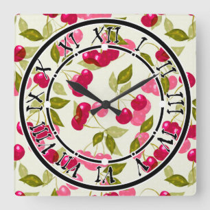 Seamless red cartoon cherry berry cute pattern whi square wall clock