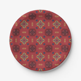 Seamless red pattern featuring ornate, symmetrical paper plate