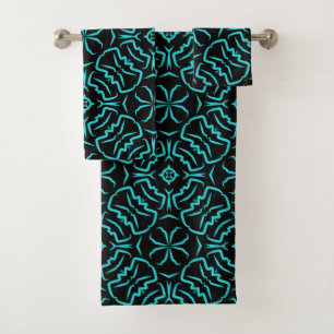 Seamless Repeating Pattern In Turquoise On Black Bath Towel Set