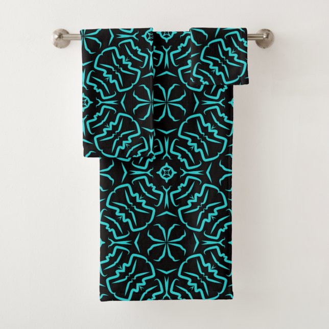 Seamless Repeating Pattern In Turquoise On Black Bath Towel Set (Insitu)