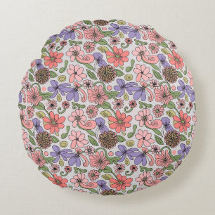 Seamless Retro Floral Pattern Boho Round Cushion