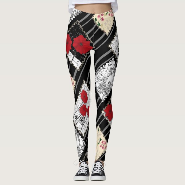 Seamless retro vintage patchwork quilting patches leggings (Front)