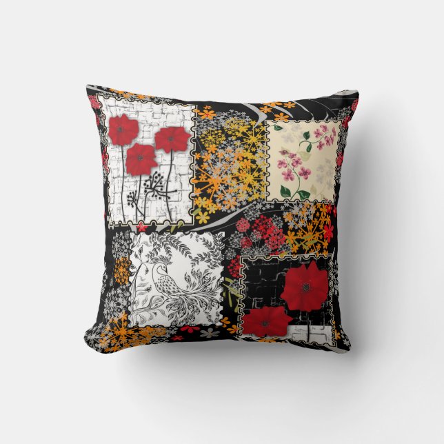 Seamless retro vintage patchwork quilting poppies cushion (Front)