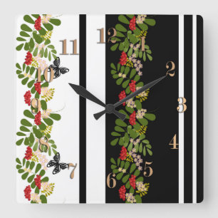 Seamless rowanberry berry flowers floral butterfly square wall clock