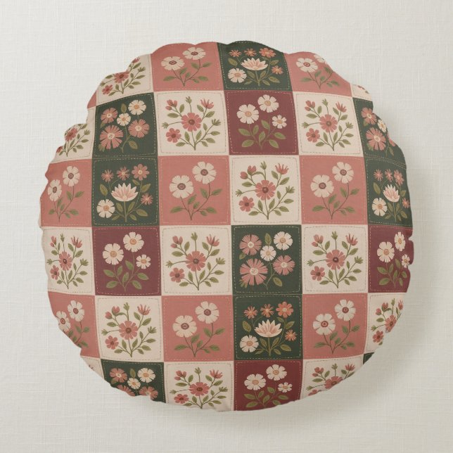 Seamless Rustic Floral Patchwork Round Cushion (Front)