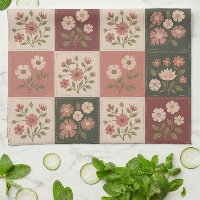 Seamless Rustic Floral Patchwork Tea Towel (Folded)