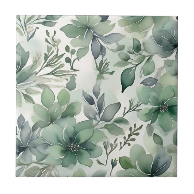 Seamless Sage Green Floral Ceramic Tile (Front)