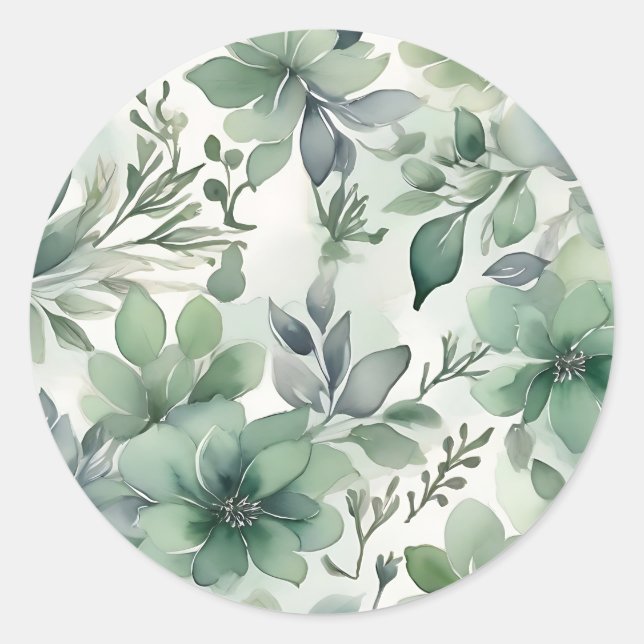 Seamless Sage Green Floral Classic Round Sticker (Front)