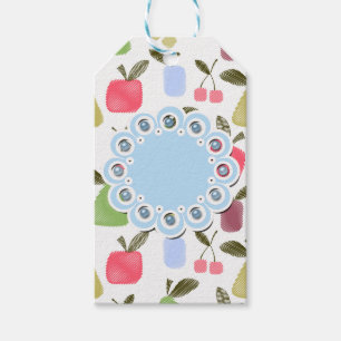 Seamless scratched cartoon fruits apples pears che gift tags