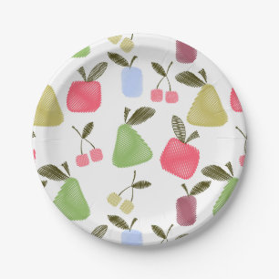Seamless scratched cartoon fruits apples pears che paper plate
