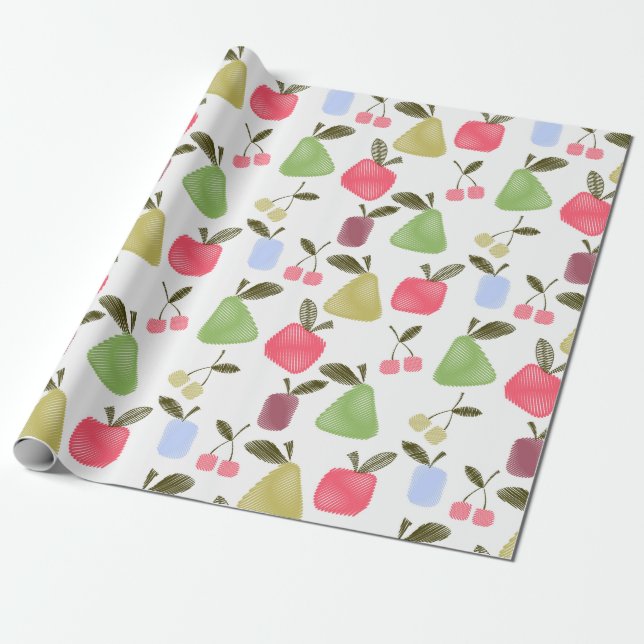 Seamless scratched cartoon fruits apples pears che wrapping paper (Unrolled)