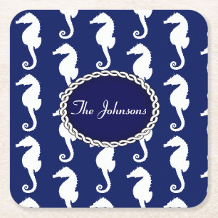 Seamless Seahorse Pattern Square Paper Coaster