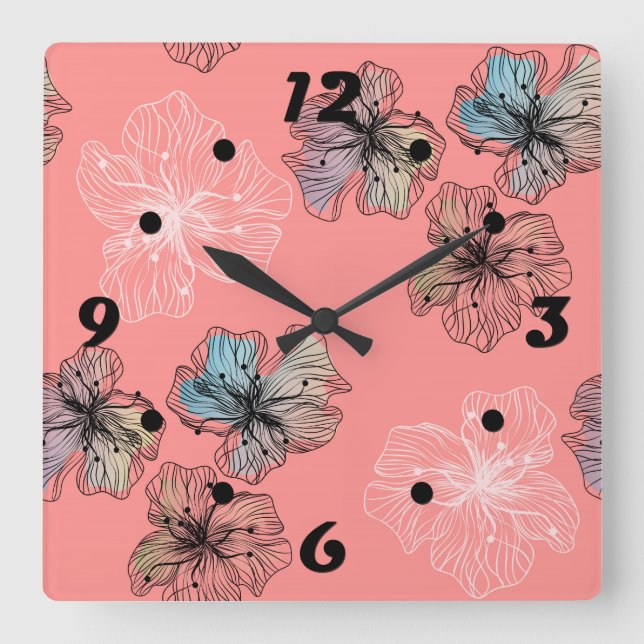 Seamless sketched lined flowers abstract modern pa square wall clock (Front)